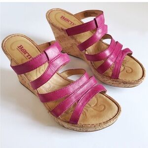 BORN Lisi Raspberry Pink Leather Cork Strappy Slip On Wedge Sandals Size 6
